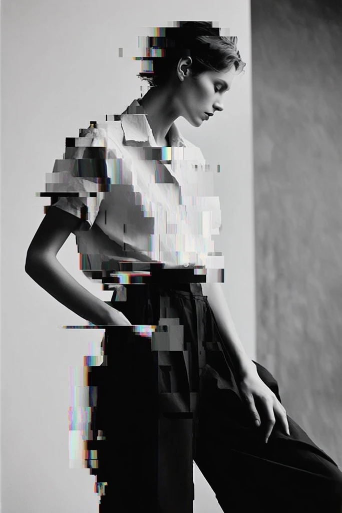 Monochrome Glitch Brutalism style AI image example 2