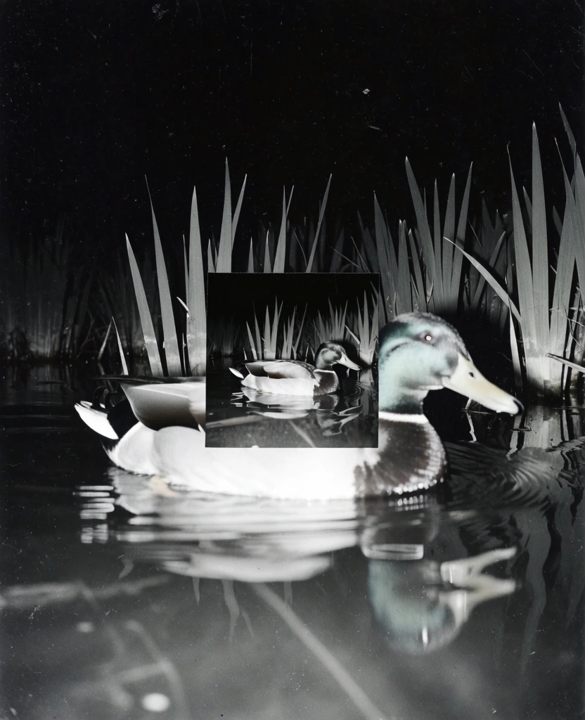 lo-fi 35mm film snapshot, harsh direct on-camera flash against an infinite pitch-black void, centered mallard duck swimming in dark water with sharp vertical reeds, heavy analog film grain and dust artifacts, a sharp-edged square graphic inset centered over the duck, the inset features a garish hyper-saturated macro view of a duck's head and glowing eye, surreal experimental collage aesthetic, overexposed highlights, deep crushing shadows, archival lo-fi texture, saturated neon tones.