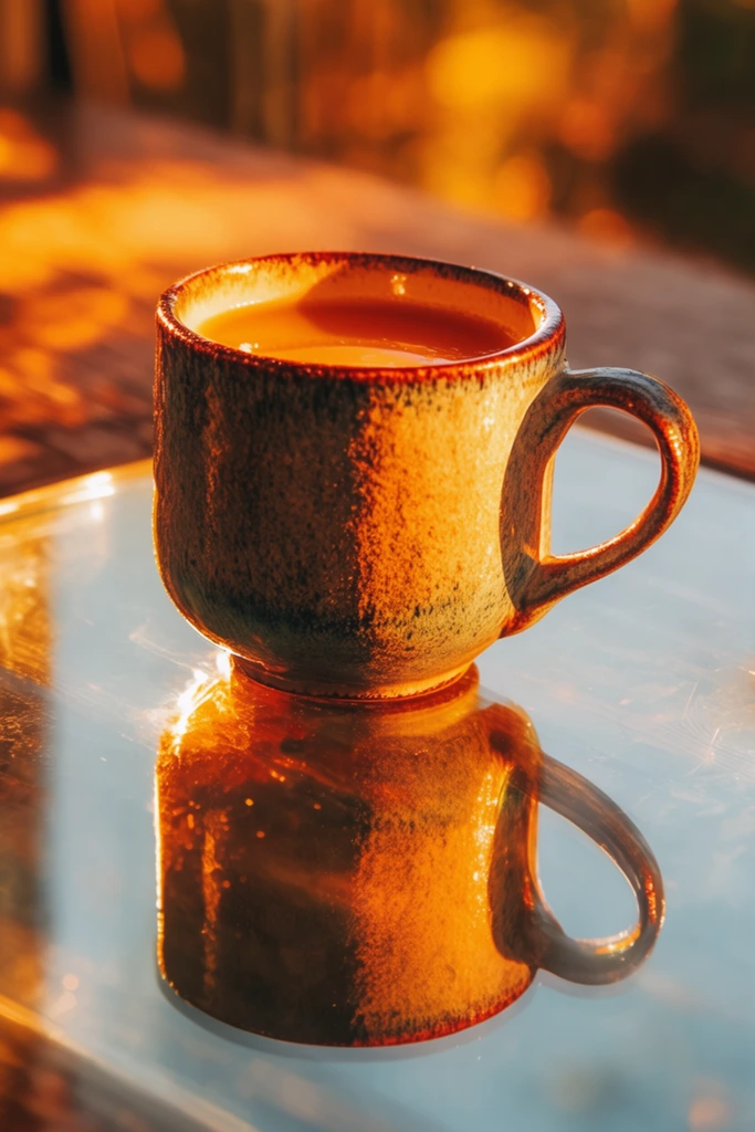 A textured ceramic mug filled with a beverage sits on a clear, transparent surface, generating a sharp, mirrored reflection directly beneath it. The composition is framed from a low, surface-level angle, flooded with intense, glowing golden-hour sunlight that carves bright, luminous amber highlights along the rim and side of the mug. Deep, high-contrast shadows emphasize the tactile surface details of the ceramic against the bright illumination. The hyper-realistic, sharply focused photography features a highly saturated color palette dominated by vivid warm oranges, golden yellows, and rich earthy tones. The lighting creates a radiant, sun-drenched atmosphere, capturing crisp micro-details on both the physical mug and its precise reflection on the glass-like plane.
