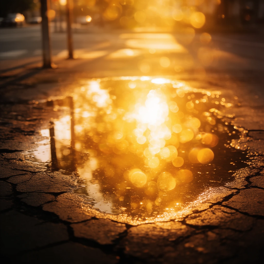 A close-up, low-angle view of a large puddle on a cracked paved surface occupying the central and lower portions of the frame, bathed in intensely radiant, warm golden-hour backlighting. The pavement features jagged cracks and uneven textures rendered as stark, deep brown and black silhouettes against the brilliant illumination. The water's surface reflects the glaring sunlight, shattering the light into an intricate, luminous field of massive, overlapping circular bokeh in rich shades of amber, gold, and piercing white-yellow. In the upper left background, the bases of two poles emerge as heavily out-of-focus dark shapes within an outdoor urban street setting. An extreme shallow depth of field completely blurs the distant background and the surrounding street, transforming the environment into a cinematic, glowing abstraction of floating light orbs and optical flares. The composition maximizes the dramatic, high-contrast separation between the razor-sharp, shadowed foreground textures of the cracked asphalt and the incandescent, heavily blurred golden atmosphere encompassing the top half of the frame.