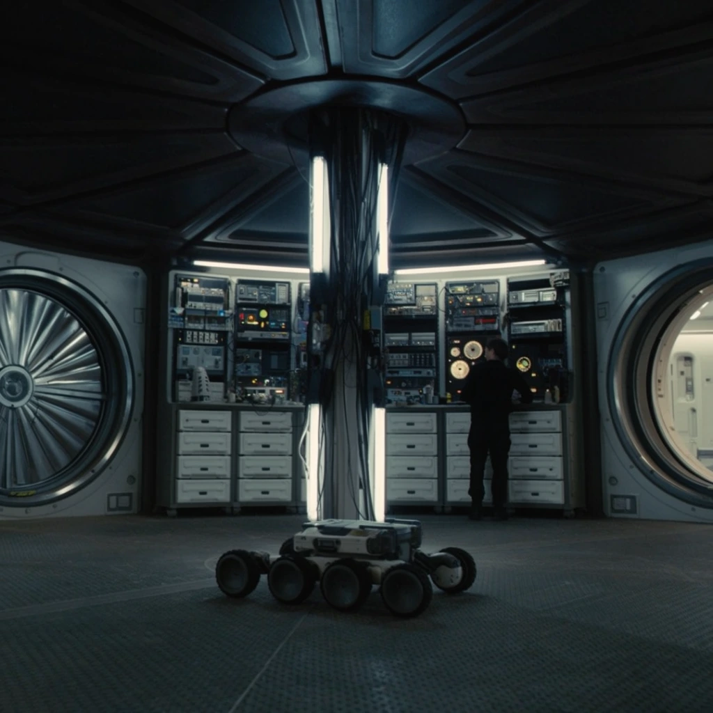 A dimly lit, circular futuristic habitat interior features a central floor-to-ceiling column draped in cables and illuminated by stark white fluorescent lights. Beneath a dark geometric paneled ceiling, a small six-wheeled robotic rover rests on the textured floor in the foreground. The curved rear wall houses complex electronic equipment racks, flashing dials, and modular white storage drawers, where a solitary person in dark clothing stands facing away, operating the consoles. Massive circular airlock doorways flank the space; the left is sealed by a radial metallic shutter, while the right opens into a brightly lit adjoining corridor. The cinematic, widescreen composition uses a cool color palette, deep shadows, and high-contrast lighting to emphasize the stark, high-tech environment.