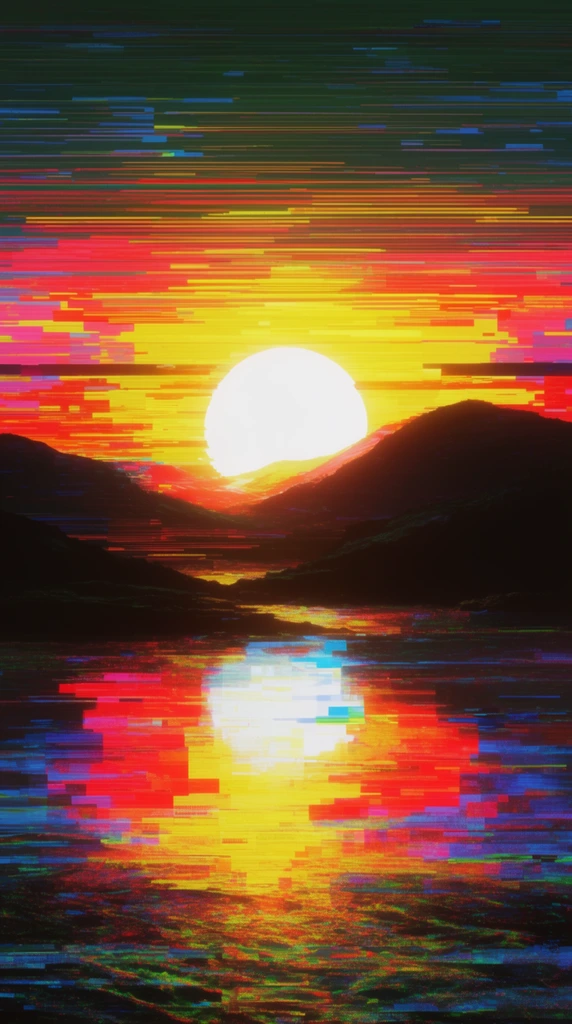 Vibrant glitch art landscape composed of fragmented horizontal neon scanlines. A bright white sun sets behind dark silhouetted mountains, radiating yellow and red pixelated bands over reflecting water.