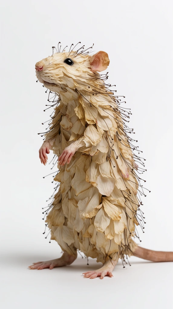 sculptural rat standing on hind legs, crafted from layered pale beige dried flower petals, thin dark stems protruding like coarse fur, seamless white background, soft studio lighting