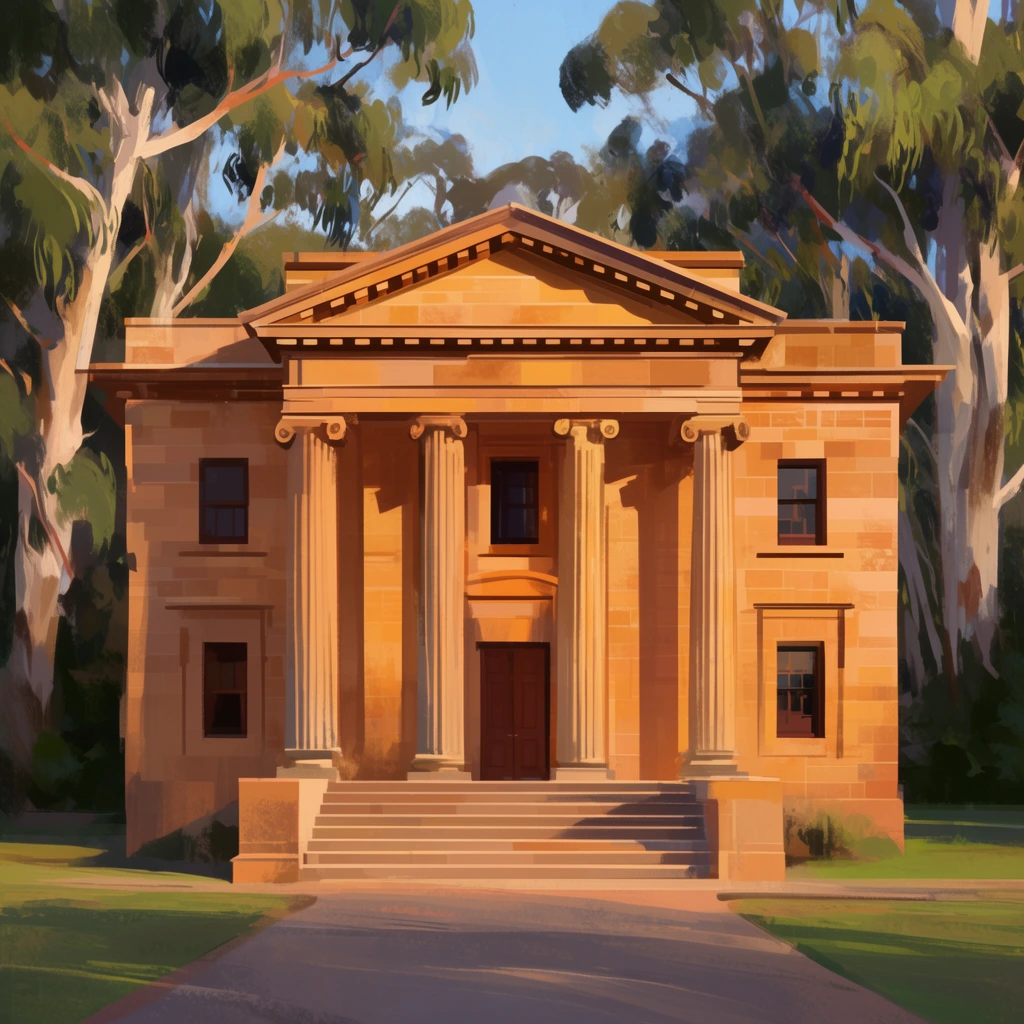 symmetrical sandstone academy building, grand classical columns, nestled in a dense eucalyptus grove, golden hour lighting, long cast shadows, painterly digital concept art, visible brushstrokes
