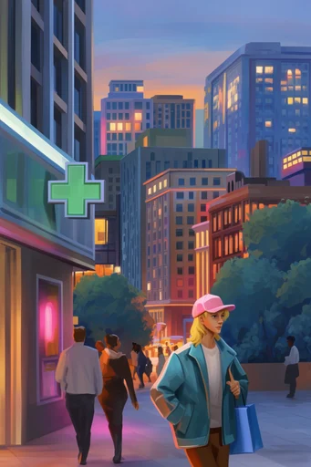 Neon Twilight Metropolis style reference image — stylized urban cityscape