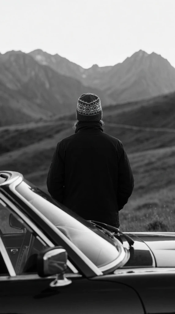 back view of person facing mountains, dark jacket, patterned beanie, classic convertible car foreground, rolling hills, black and white photography, cinematic