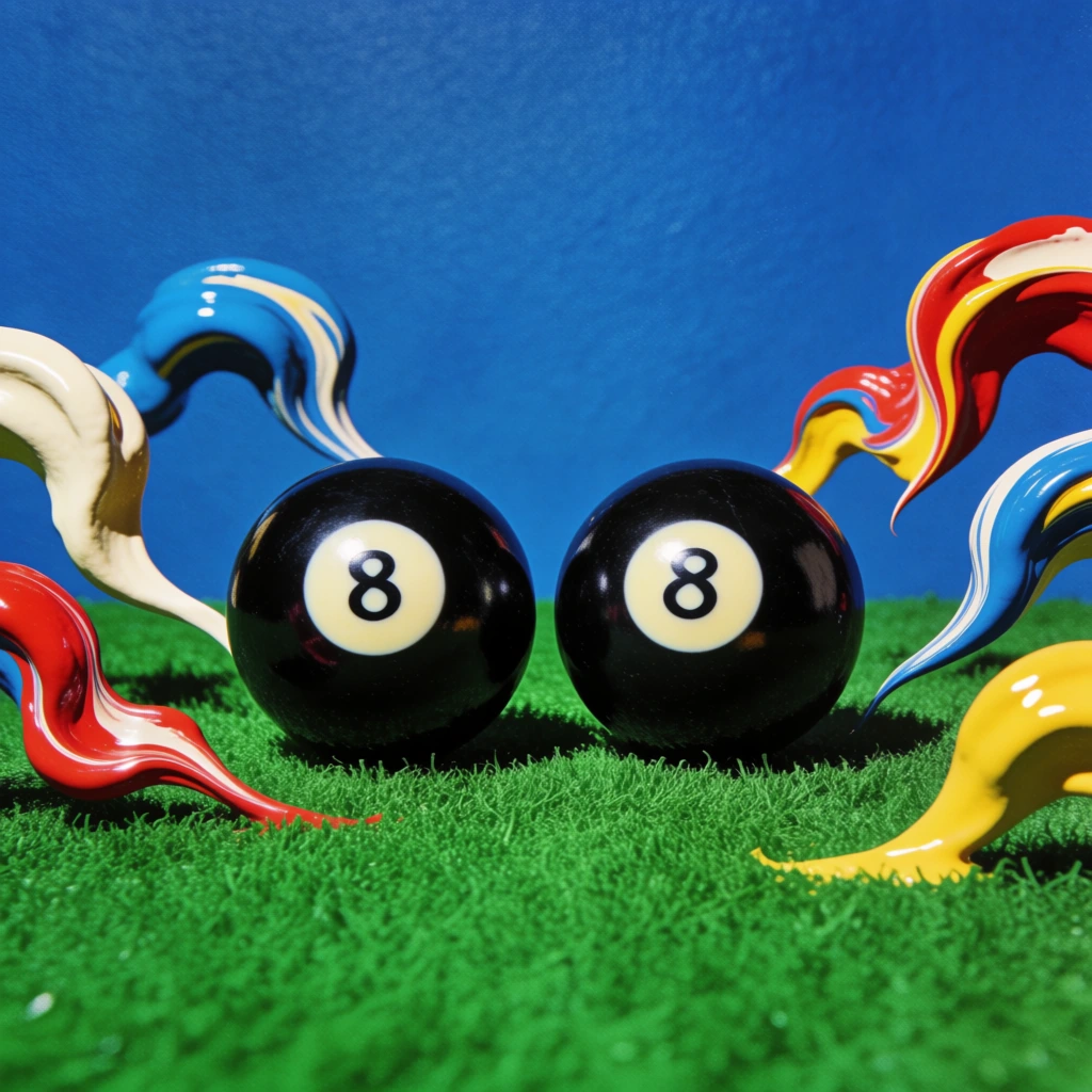 two glossy billiard eight balls centered in vibrant synthetic kelly green grass, surrounded by floating sculptural swirls of thick cream and primary color paint, set against a textured cobalt blue studio backdrop, direct on-camera strobe lighting, flat punchy retro-surrealist editorial aesthetic, high saturation, 1970s kitsch, hard shadows, sharp focus on reflective textures, vibrant primary color palette, fine film grain, clean central composition.