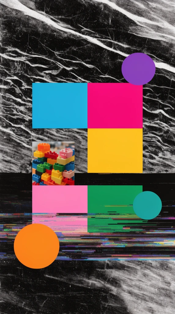 mixed-media graphic design collage, distressed black and white rippled textures over coarse halftone patterns, rectangular grid of vibrant color swatches in cyan magenta yellow pink and green, small inset photo of stacked plastic building bricks, floating brightly colored circles, horizontal glitch scanlines fragmenting a dark monochromatic background, layered digital composition juxtaposing grunge noise with stark vector geometry