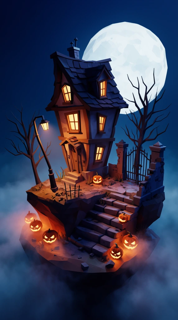 3D low-poly spooky diorama, crooked house with glowing windows, bent streetlamp, bare trees, glowing jack-o-lanterns in fog, stone stairs, ruined wall with iron gate, large pale full moon, deep blue night sky, floating island composition, warm orange and cool blue lighting