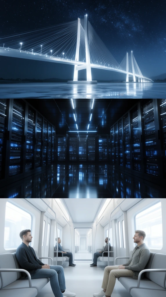 three-panel horizontal triptych, top panel illuminated white suspension bridge under starry night sky, middle panel futuristic black server room with glowing blue lights and reflective floor, bottom panel bright minimalist train interior with grey seats and three male passengers, cool blue and white color palette, sleek architectural 3D rendering, cinematic lighting
