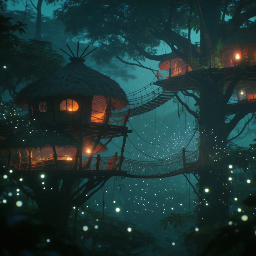 cinematic silhouetted treehouse connected by rope bridges in a dense hazy jungle at night, parrots with shimmering sequined feathers perched nearby, thousands of glowing white jungle flowers floating in soft bokeh across the frame, deep teal and forest green background, warm orange light spilling from within the structures, heavy film grain, ethereal fog, dreamlike aesthetic, soft focus, high contrast, surreal atmosphere, glowing points of light mimicking the texture of a sequined suit