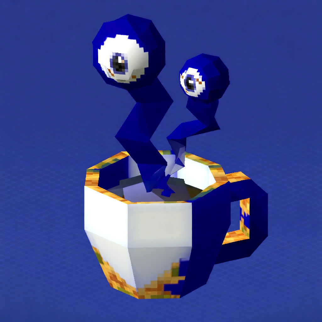 low-poly 3d render of a ceramic coffee cup, n64 era retro gaming aesthetic, sharp geometric edges, visible polygon facets, low-resolution textures, vibrant navy and white color palette, rising steam trails composed of jagged flat planes, steam trails morphing into large expressive cartoon eyeballs with pixelated pupils, center-aligned composition, three-quarter perspective, simple directional lighting with soft shadows, solid blue background with a faint isometric grid pattern.