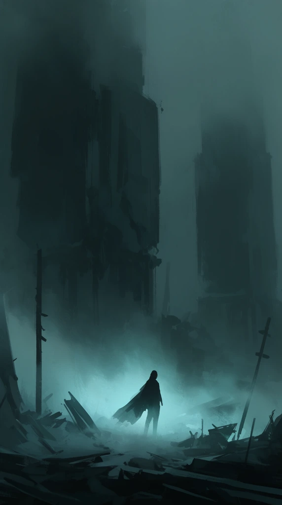 solitary silhouetted figure with a flowing cape in a vast ruined landscape, towering dark monolithic structures fading into dense fog, foreground scattered with jagged debris and broken poles, thick ground mist illuminated by a soft ethereal cyan glow, monochromatic dark teal color palette, digital concept art, loose expressive brushstrokes, cinematic composition, immense scale
