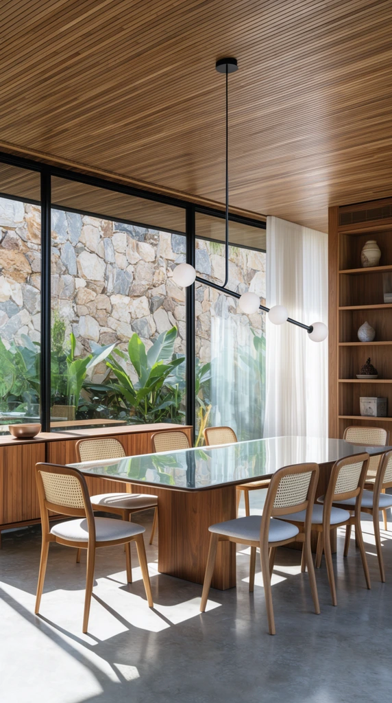 A modern dining room centers on a rectangular table with a highly reflective top and solid wood base, flanked by eight wooden chairs featuring cane backs and light grey seats. An asymmetric black linear pendant light with spherical frosted bulbs hangs from a wood-slatted ceiling. Polished concrete floors catch sharp sunlight and cast distinct angular shadows. Expansive black-framed glass windows behind the table reveal outdoor tropical plants and a rugged natural stone wall. A wooden sideboard sits near the window, while a built-in wooden bookcase with decorative objects and sheer white curtains frame the right side of the brightly lit, architectural composition.