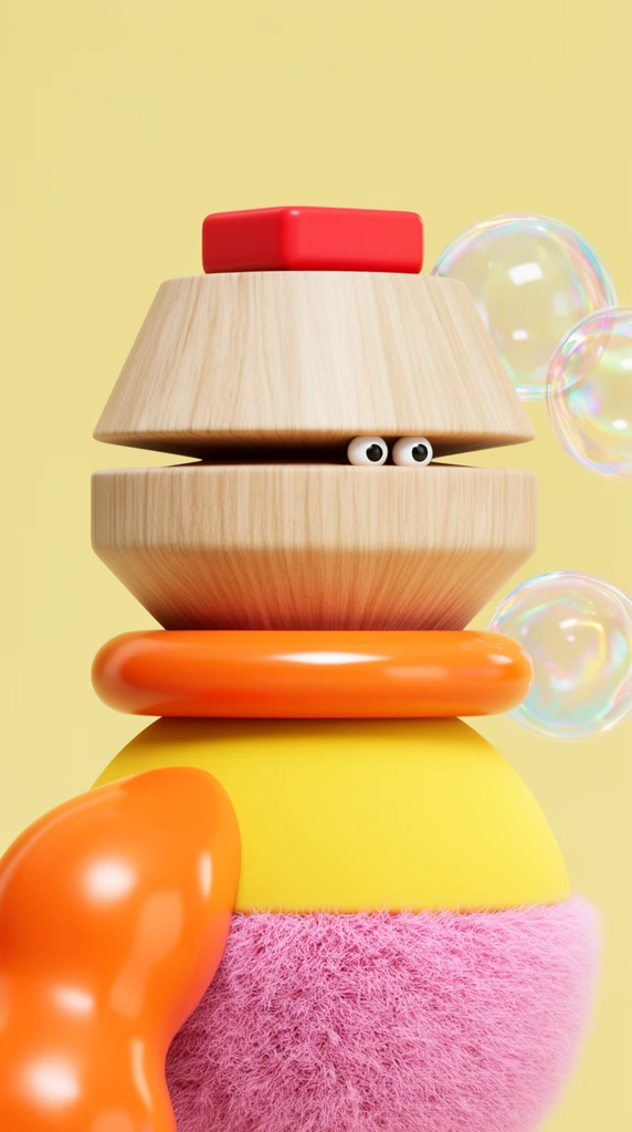 A playful 3D geometric character built from stacked, contrasting materials stands against a solid pastel yellow background. The head is a light wood truncated cone topped with a flat red block, featuring two tiny googly eyes nestled in the horizontal seam. A glossy orange torus serves as a neck above a spherical body split into matte yellow and fuzzy pink sections. A glossy orange bulbous arm protrudes from the lower left, while two iridescent transparent bubbles float on the right. The high-resolution 3D render emphasizes the tactile realism of natural wood grain, shiny plastic, soft fur, and delicate soap film under soft, even studio lighting.