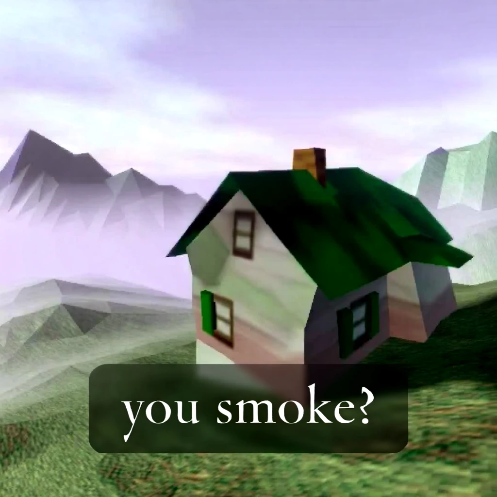 low-poly retro 64-bit video game graphics, early 2000s console aesthetic, simple geometric house on a grassy hillside, distant low-poly mountain peaks, blurry low-resolution textures, dense lilac volumetric fog on the horizon line, soft purple and hazy sky, flat vertex lighting, muted color palette, third-person perspective, semi-transparent black speech bubble overlay at the bottom with white serif text reading "you smoke?", nostalgic and surreal digital atmosphere, janky polygons.