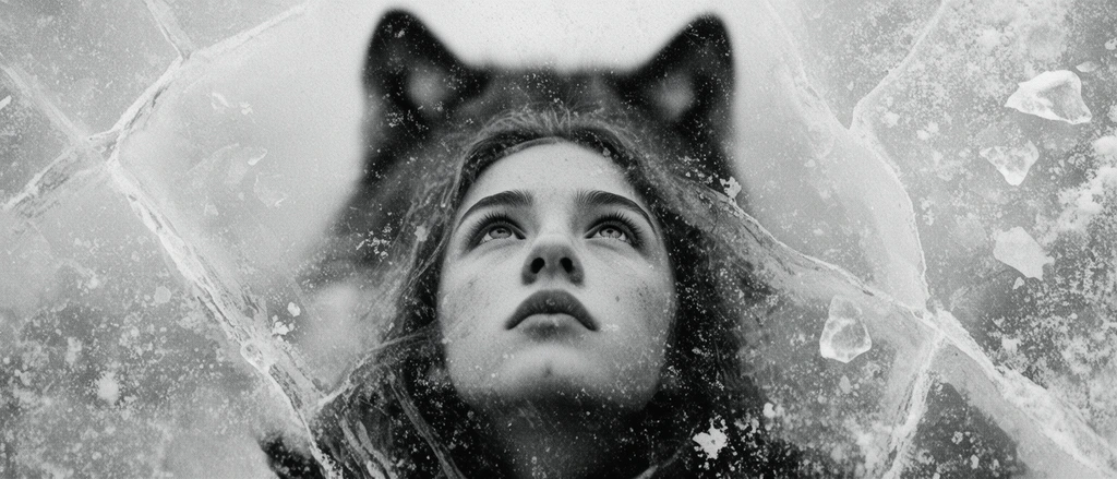 young female face looking up through thick cracked ice, shadowed silhouette of a wolf above, surreal double exposure, high contrast black and white, heavy grain
