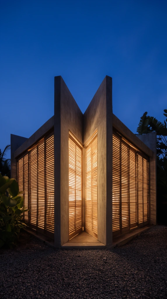illuminated angular pavilion at twilight, warm light glowing through horizontal wooden slat screens, concrete walls, V-shaped entrance, deep blue sky, gravel foreground, tropical plant silhouettes, architectural photography