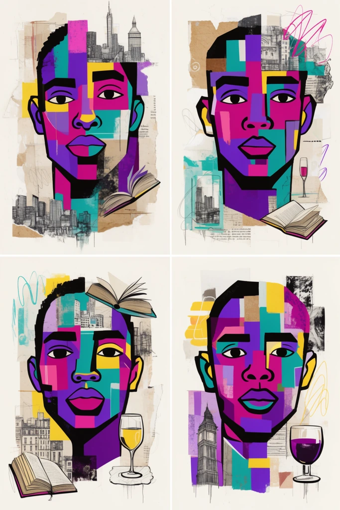 A 2x2 grid of vibrant neo-cubist portraits constructed from colorful geometric blocks of purple, magenta, teal, and yellow with thick black outlines. The fragmented faces blend with mixed-media urban elements including sketched cityscapes, floating books, glassware, architectural monuments, torn paper textures, and abstract graphic scribbles on off-white backgrounds.