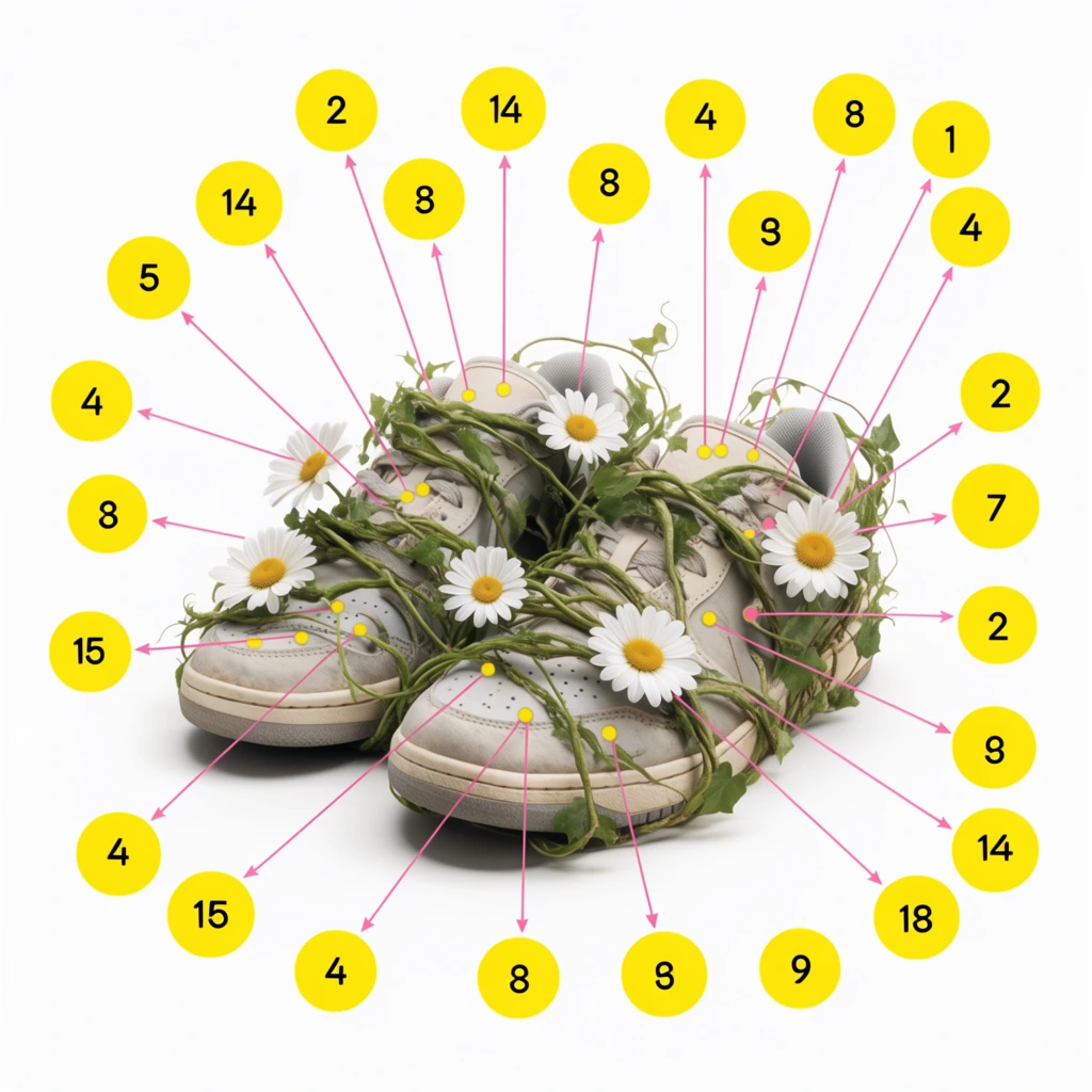 Two sneakers entangled in vines and five daisies are positioned centrally against a stark, pure white background, overlaid with a technical, infographic-style diagram. The shoes are tightly wrapped by thick green vines weaving across the uppers and soles, with five bright daisies integrated into the sprawling foliage. The lighting is soft, flat, and even, typical of high-key commercial product photography, producing gentle contact shadows directly beneath the footwear. Surrounding the central subject in the pure white space are multiple flat, bright yellow circular nodes, each containing a single black numeral. Thin, precise pink lines originate from small yellow dots resting directly on the surfaces of the sneakers, vines, and floral petals, extending outward as straight paths that terminate in pink arrows pointing exactly to the yellow numerical badges. The composition employs a straight-on, slightly elevated perspective, merging photorealistic, highly detailed three-dimensional subjects with crisp, two-dimensional vector overlays to create a clinical yet vibrant instructional aesthetic.
