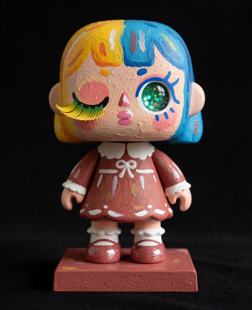 A hand-painted, dual-faced vinyl figure stands against a plain black background, featuring a stylized girl with distinct yellow and blue color schemes on each side of her oversized head. The figure’s large, blocky head is divided into two distinct personas; the left side displays short yellow hair with orange highlights and a closed eye decorated with long, layered yellow and green synthetic eyelashes. The front-facing right side of the head features bright blue hair, large circular green eyes filled with iridescent glitter, long blue lashes, and a small pink mouth. The figure has a textured, light peach skin tone with visible brushstrokes throughout. She wears a reddish-brown, long-sleeved dress detailed with a white ruffled collar, a small central bow, and white paint accents along the hem and cuffs. Her small legs end in white ruffled socks and round, sparkling reddish-brown shoes. The entire sculpture rests on a flat, rectangular base that shares the same reddish-brown color and textured finish as her outfit. The lighting is soft and comes from the front-left, highlighting the glossy textures of the eyes and shoes while creating subtle depth across the painted surfaces. The composition is a close-up shot centered on the figure, which is isolated against a solid, deep black environment.