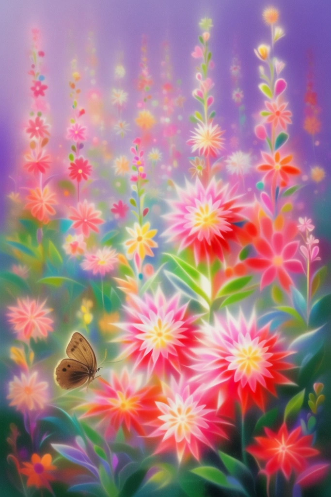 A dense, glowing digital painting of an ethereal flower garden. Highly stylized pink, red, and yellow starburst blooms cluster alongside vibrant green leaves and tall, vertical floral stalks reaching into a hazy purple background. A solitary brown butterfly rests in the lower left. Soft-focus airbrush techniques, intense neon pastel saturation, and luminous highlights define the magical, hazy atmosphere.