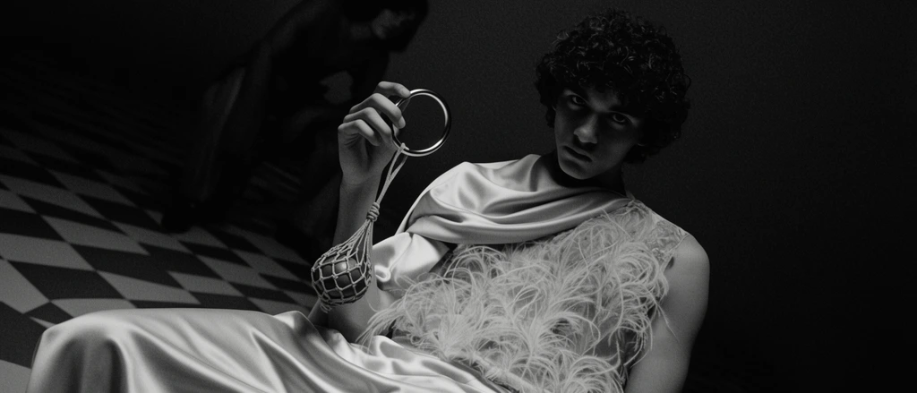 seated young man in draped light satin and feathered top, holding a metal ring with a dangling netted sphere, intense direct gaze, shadowy blurred figure in the dark background, checkered floor, black and white fashion photography, low-key cinematic lighting, tilted camera angle, heavy film grain