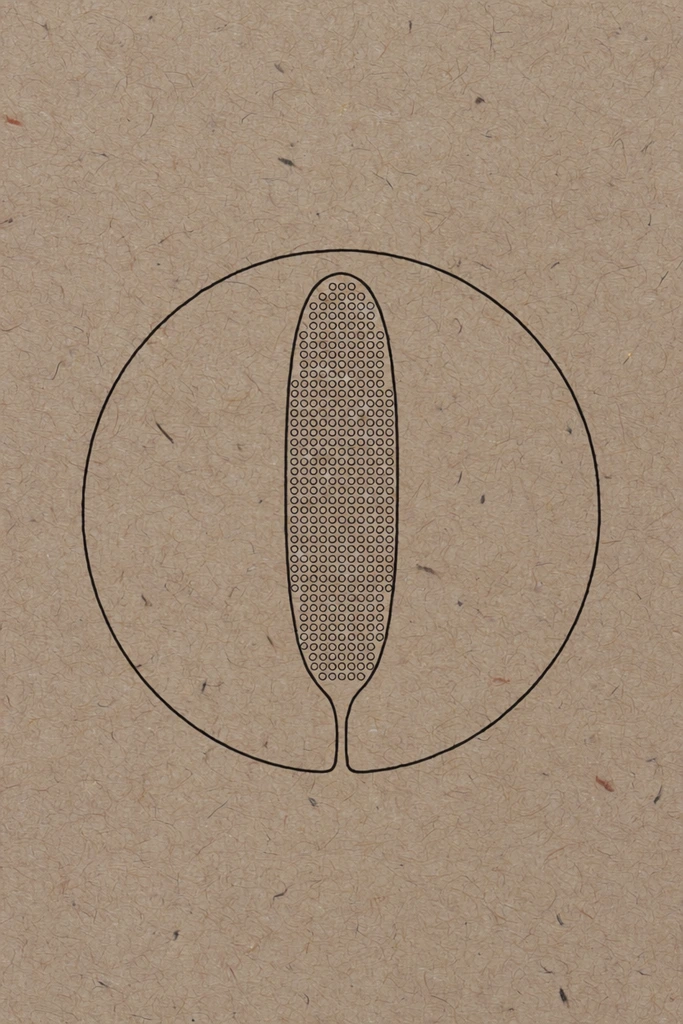 A minimalist black line drawing centered on textured light brown kraft paper. An elongated vertical oval filled with a uniform grid of tiny circles extends downward into a narrow stem. A large circular outline surrounds this central figure, featuring a gap at the bottom where the stem emerges. The tactile background presents a fibrous recycled cardboard surface dotted with microscopic dark flecks.