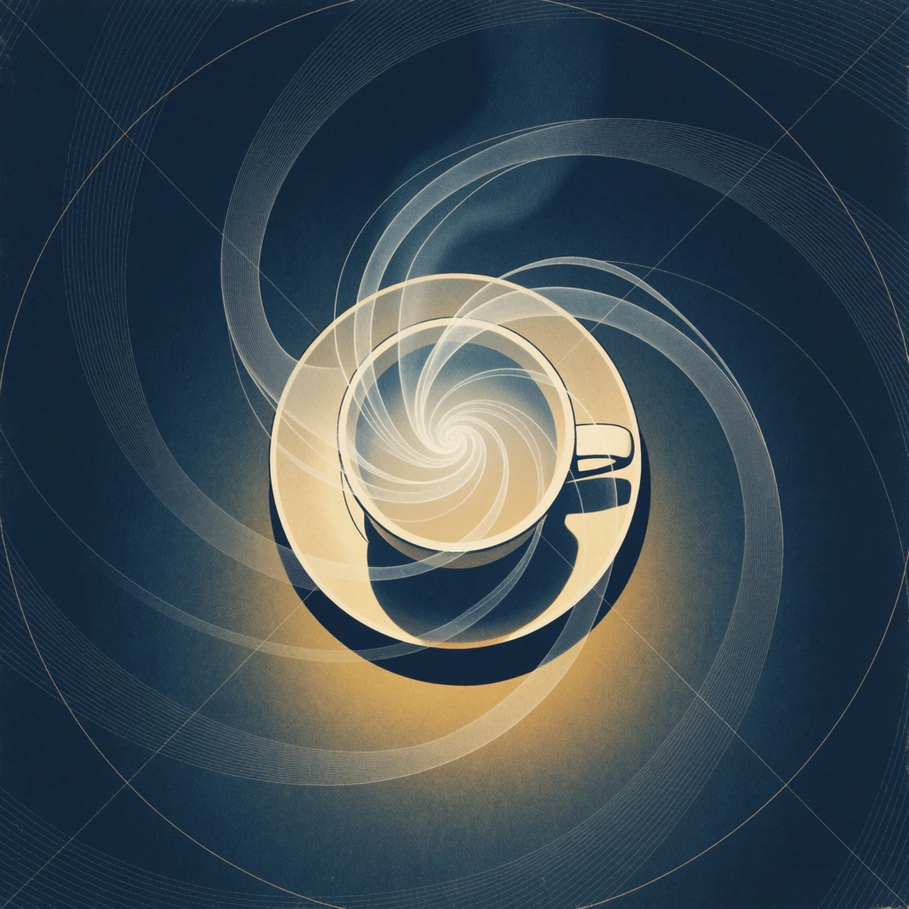 minimalist ceramic mug on a saucer top-down view, vintage scientific educational poster aesthetic, plumes of white steam spiraling in a galaxy formation, deep navy textured background, fine white radial grid lines, cream border, clean serif title at top, technical annotations with a "you are here" line and scale bar at the bottom, warm golden glow from the cup center, subtle film grain, muted retro color palette, sophisticated mid-century modern graphic design style