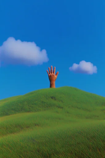 Surrealist Liminal Minimalism style reference image — saturated blue sky