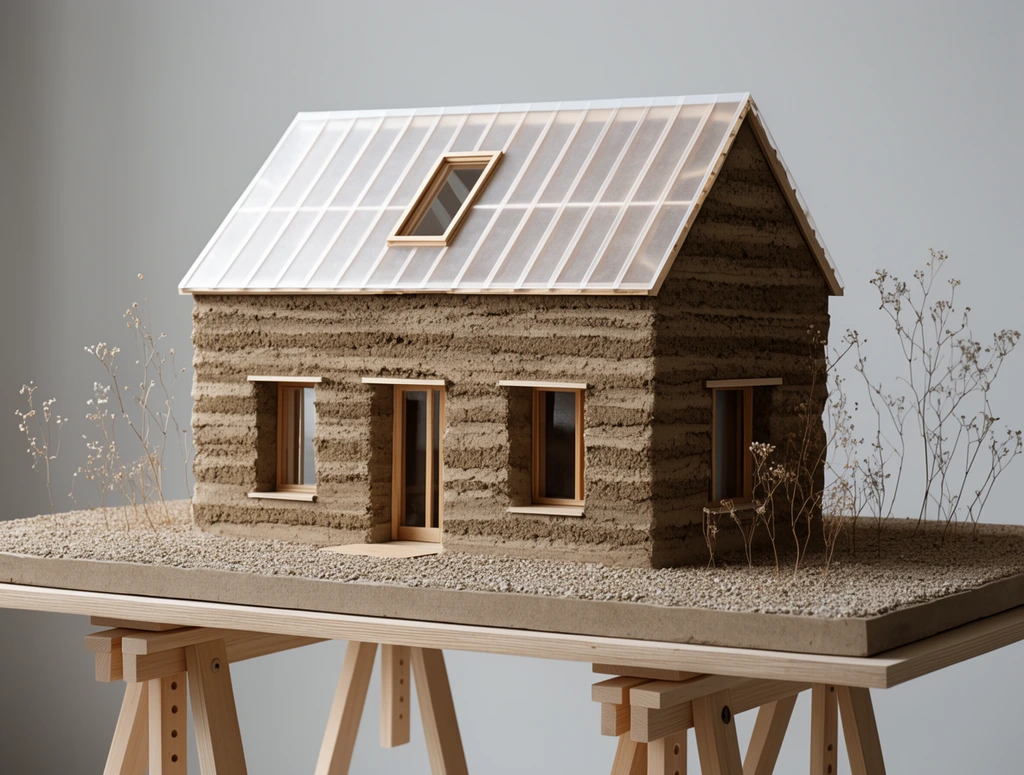 An architectural model of a pitched-roof house built from rough, horizontally striated earth. It features a semi-transparent paneled roof with a skylight and deep wood-framed windows. The miniature rests on a gravel-textured base dotted with delicate dried sprigs, supported by a light wood trestle table against a soft gray studio backdrop.