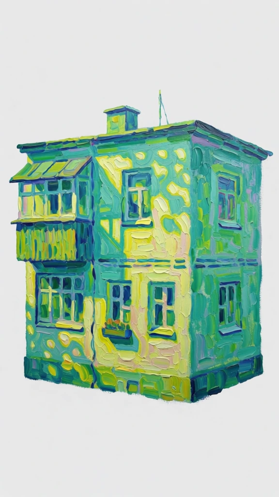 small cubical two-story building structure of four main block sections in thick impasto oil, front facade with two ground windows one with a window box and one upper right window, left enclosed balcony with slanted roof over a multi-paned window, right side with two windows one on each floor, flat roof with chimney and antenna wire, isolated against a plain background, rhythmic gestural strokes, vibrant palette of neon teal, emerald, and lemon yellow, dappled light, thick painterly texture.