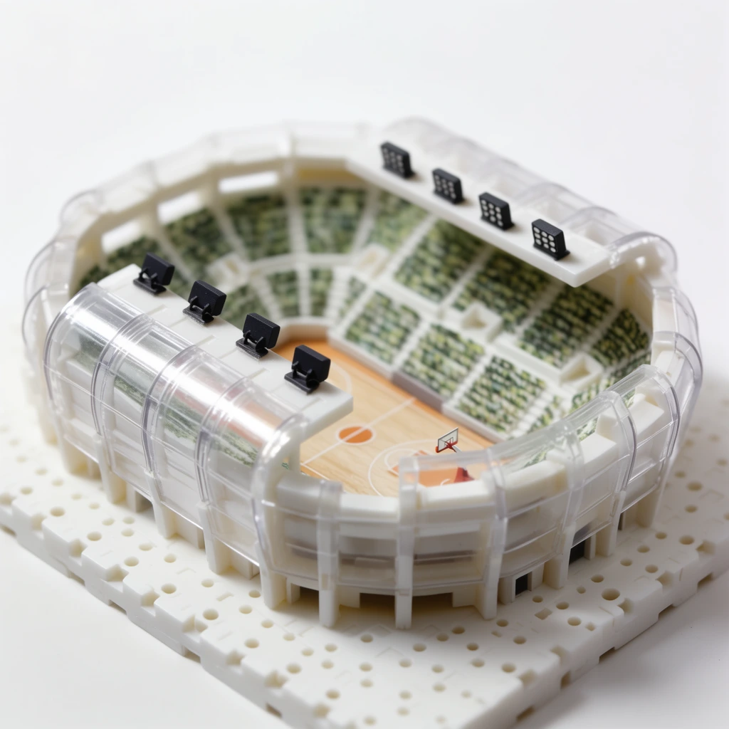 miniature architectural model of an indoor sports arena, white modular plastic interlocking blocks, curved transparent exterior walls, tiny wooden basketball court visible inside the structure, tiered grandstands with mottled green crowd patterns, small black rectangular stadium lights on the roof, white baseplate with grid connecting holes, macro photography, shallow depth of field blurring the distant stands, bright even studio lighting, seamless white background, precise geometric construction