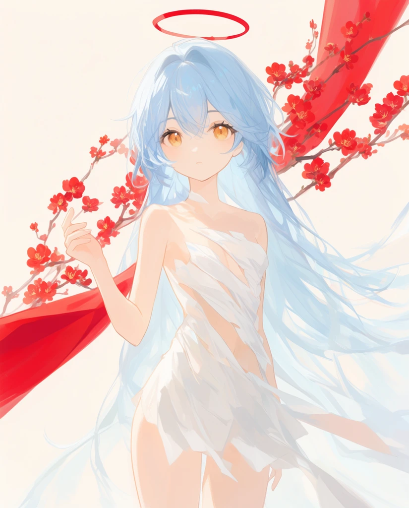An anime-style girl with flowing pale blue hair and bright amber eyes stands against a solid off-white background. A red halo floats above her head. She wears a fragmented white cloth dress and gently raises her right hand. Vibrant red blossoming branches and a broad crimson ribbon sweep diagonally behind her. The digital painting features a soft pastel palette, delicate linework, and ethereal bright lighting.