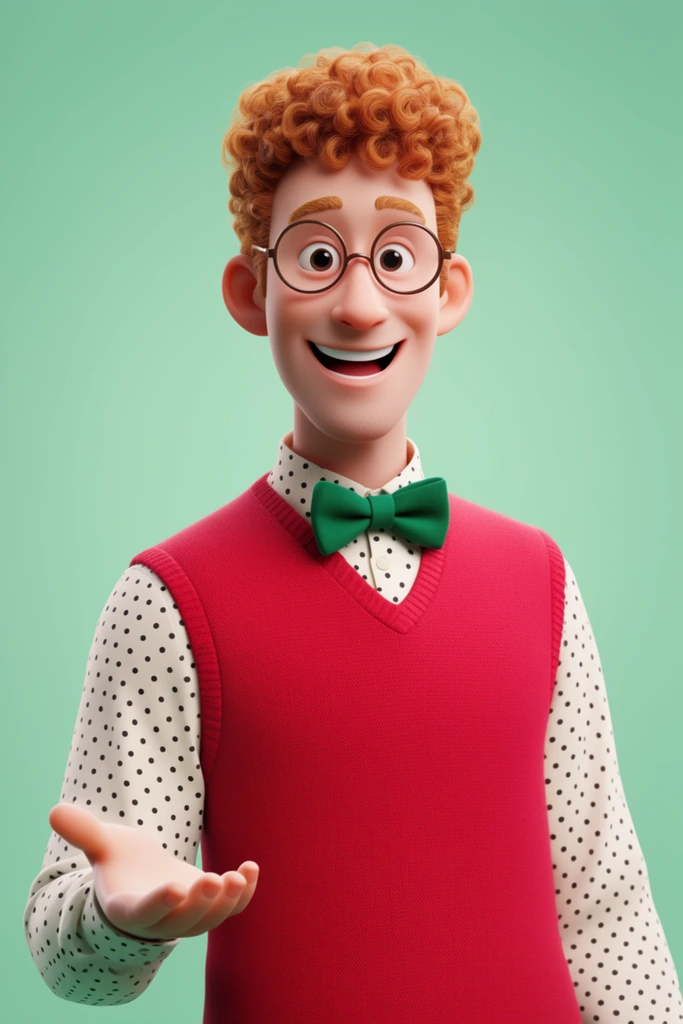 stylized 3D render of a cheerful man with curly ginger hair and round glasses, bright crimson sweater vest over a polka-dot shirt, emerald green bow tie, right hand extended palm up in a welcoming gesture, wide expressive smile, smooth matte textures, soft studio lighting, solid mint green background, vibrant colors, clean medium waist-up portrait