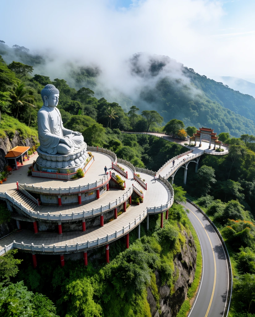 massive grey stone Buddha statue seated on a lotus pedestal, multi-level terraced observation deck on a steep mountainside, paved walkways with curved white balustrades, red pillars supporting the terrace, winding pedestrian bridge over a curving asphalt mountain road, ornate traditional gateway in the distance, lush green tropical forest covering the hills, atmospheric low-hanging fog on distant peaks, bright diffused daylight, high-angle wide landscape perspective, vibrant natural colors