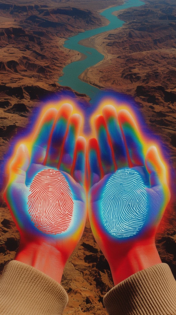 Two open palms feature glowing, concentric cyan and red fingerprint patterns, radiating a brilliant rainbow aura over an aerial view of a rugged brown desert and winding teal river. Emerging from ribbed tan cuffs, the hands anchor a surreal, first-person composition defined by a heavy canvas texture and vibrant psychedelic colors.
