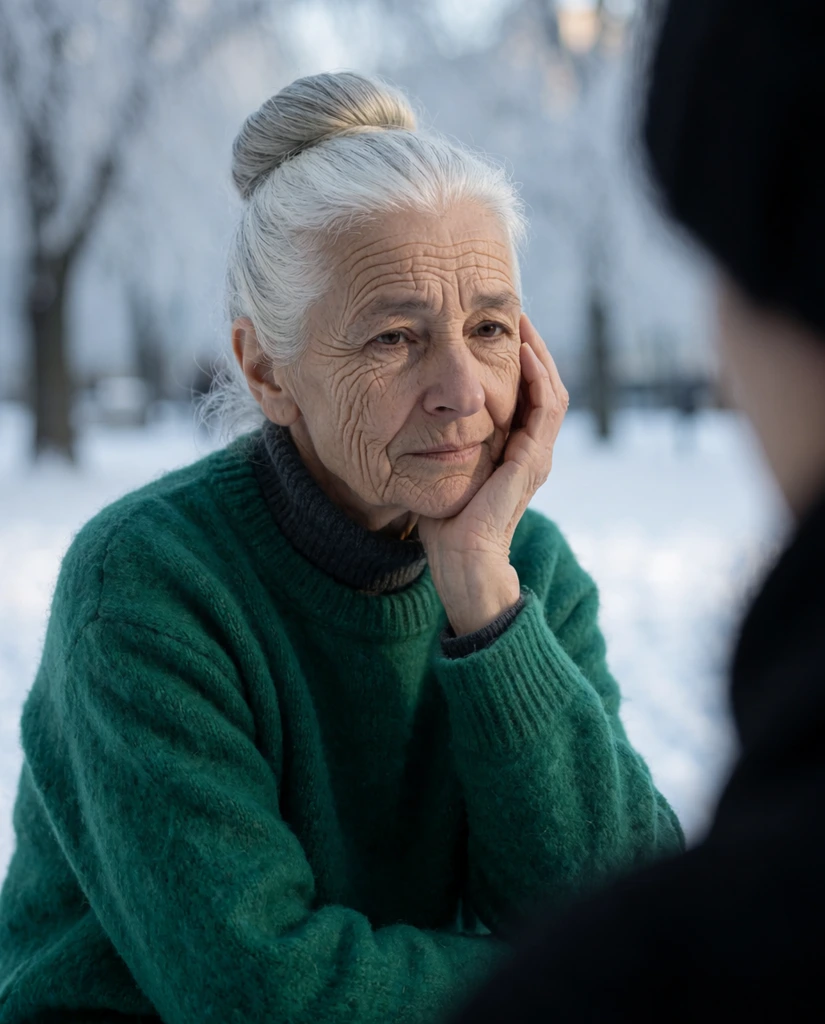 Elderly woman with silver hair pulled into a tight bun, deep wrinkles, calm contemplative expression, hand gently resting on her cheek, wearing a thick emerald green wool sweater over a dark grey turtleneck, snowy outdoor park environment, blurred frosted trees in background, cool soft daylight, shallow depth of field, cinematic framing, out-of-focus silhouette in right foreground