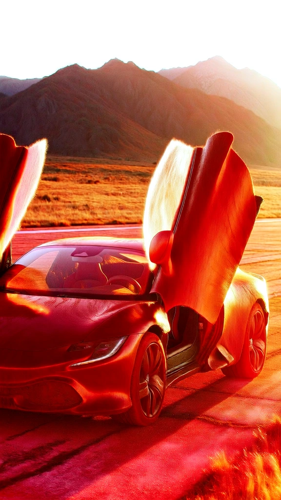 low-angle cinematic shot of a car with dihedral doors fully open on a runway, rugged mountains in the background, bathed in an intense monochromatic red and orange golden hour glow, high-saturation, ethereal atmosphere, bright white highlights on the car body reflecting the sky, sharp automotive silhouette against a warm hazy landscape, professional automotive photography, surreal warm lighting, vibrant palette of fiery reds and burnt oranges, dramatic shadows, high contrast