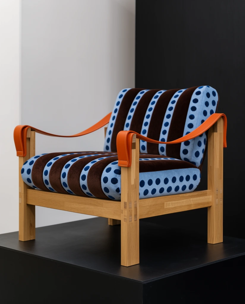 wooden armchair on a black pedestal, light oak frame with square legs and exposed joinery, draped orange leather strap armrests, plush upholstery with dark brown stripes and light blue bands featuring dark blue polka dots, minimalist gallery setting, white and black walls, neutral indoor lighting, 3/4 angle product photography