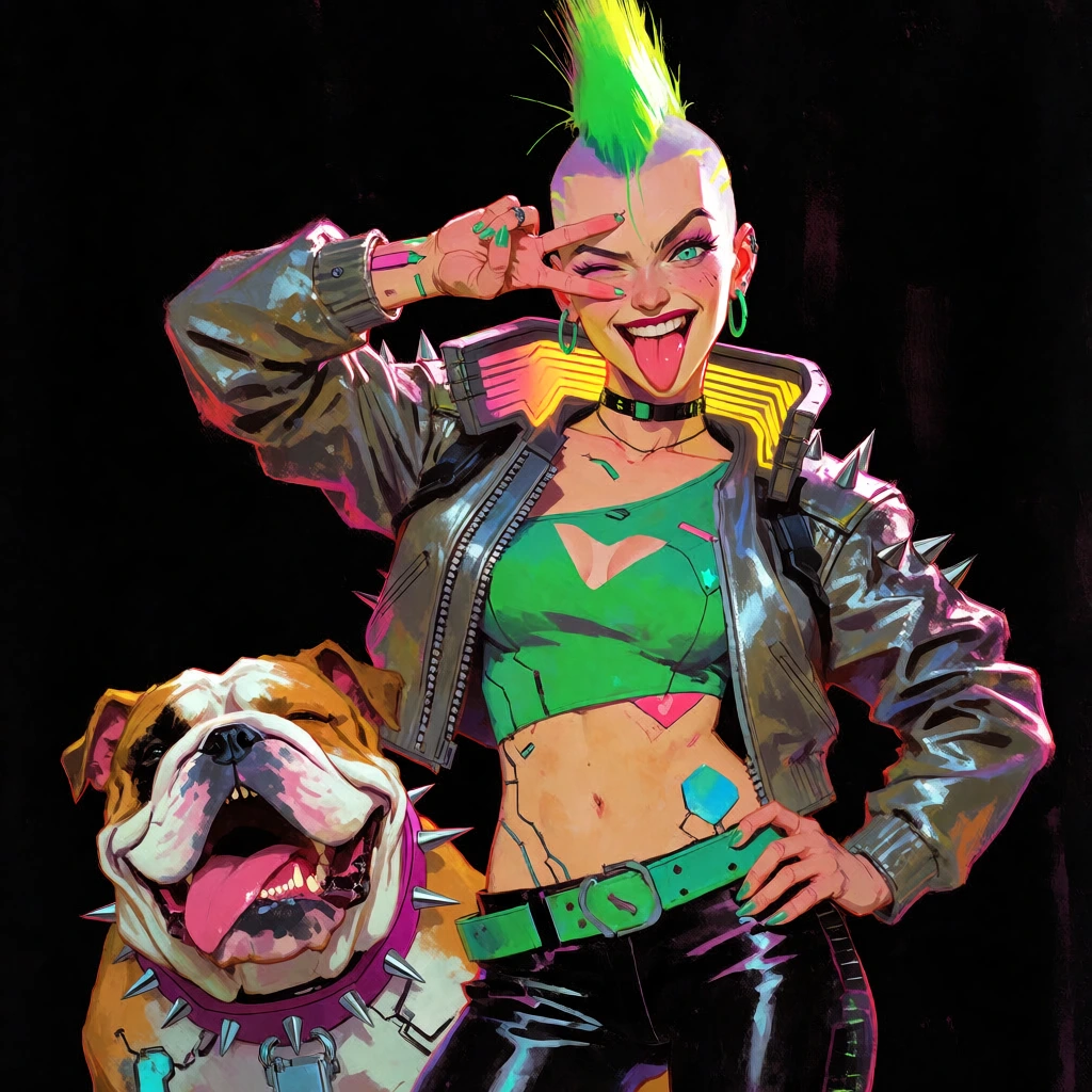 rebellious cyberpunk woman with a glowing neon green mohawk, emerald green crop top, metallic silver studded leather jacket, black leather pants, winking playfully with tongue out, making a peace sign over one eye, accompanied by a laughing cybernetic bulldog wearing a spiked collar, vibrant expressive comic art style, dynamic brushstrokes, high contrast, solid black background