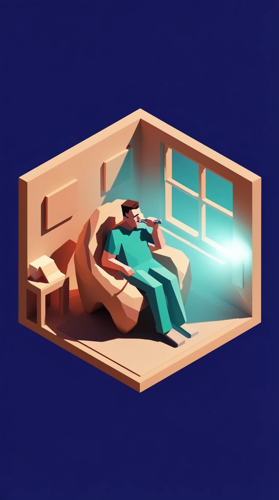 A low-poly 3D isometric rendering of a man sitting in an organic-looking chair inside a room, holding a tool to his mouth. The geometric scene floats within a solid, deep navy blue void. The figure, chair, and room elements are constructed from clean, blocky shapes with flat vector-style shading, utilizing a strict color palette of warm sandstone, soft peach, and vibrant teal. A bright, localized cyan glow illuminates the scene from the side, casting sharp, elongated dark drop shadows across the geometric surfaces. The aesthetic is a crisp, minimalist digital illustration with hard edges and high-contrast lighting.