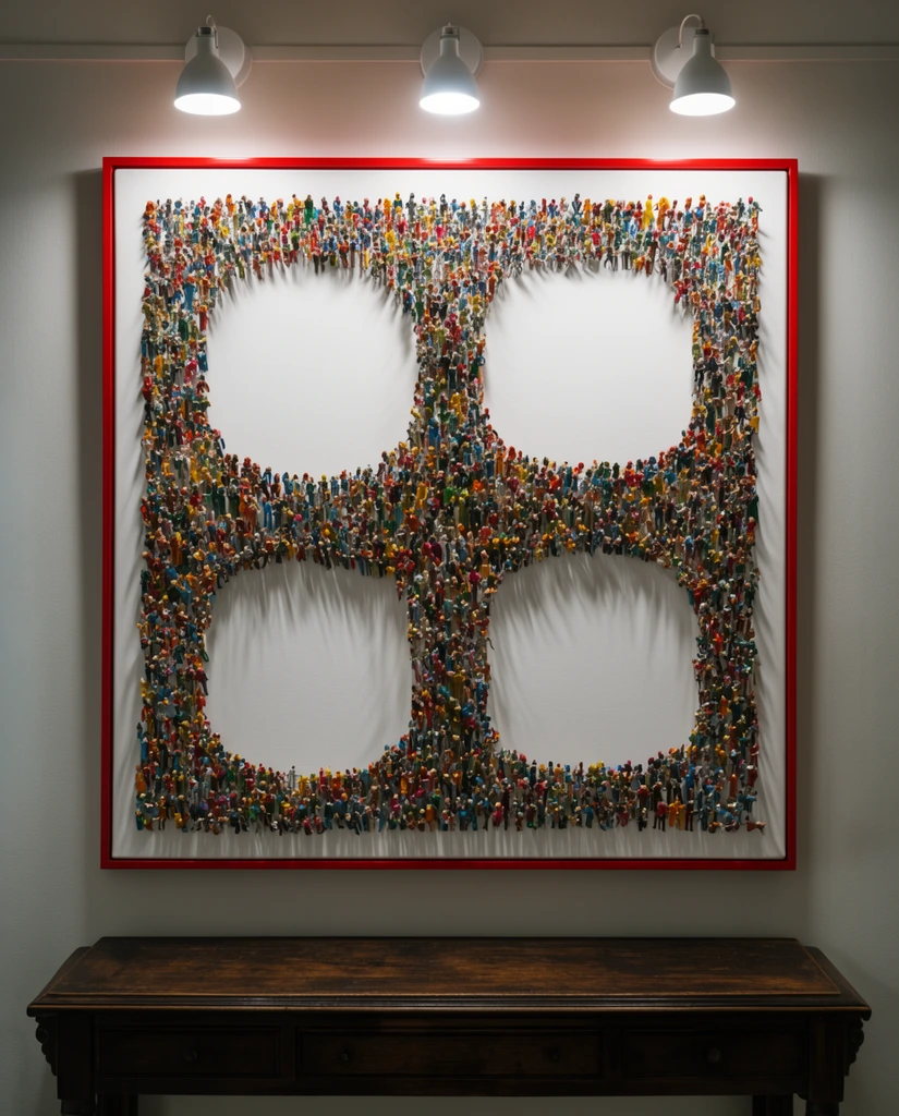 Hundreds of brightly colored miniature figures densely cluster on a red-framed white canvas to outline four massive geometric voids in a grid. Three overhead lights illuminate the artwork hanging above a dark wooden console table.