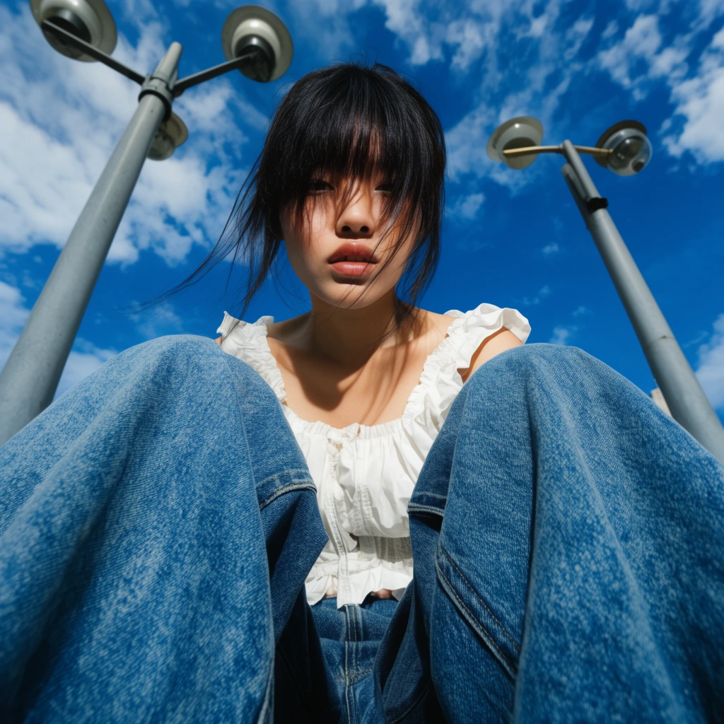 Extreme low-angle fashion shot of a young woman with dark bangs shielding her eyes. She wears baggy blue denim and a ruffled white top. A gray high-rise, streetlights, and bright blue sky frame the background. Dynamic perspective, vivid colors, high contrast.