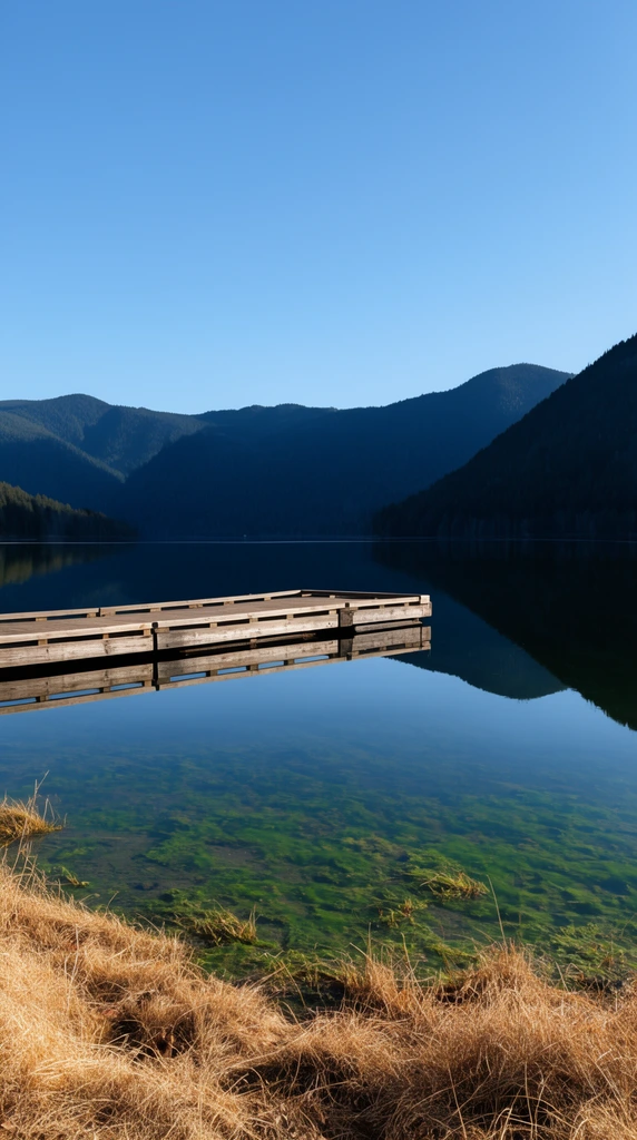 wooden dock on calm reflective lake, shallow water with green aquatic plants, dark forested mountains mirroring on surface, dry golden shoreline grass, clear blue sky