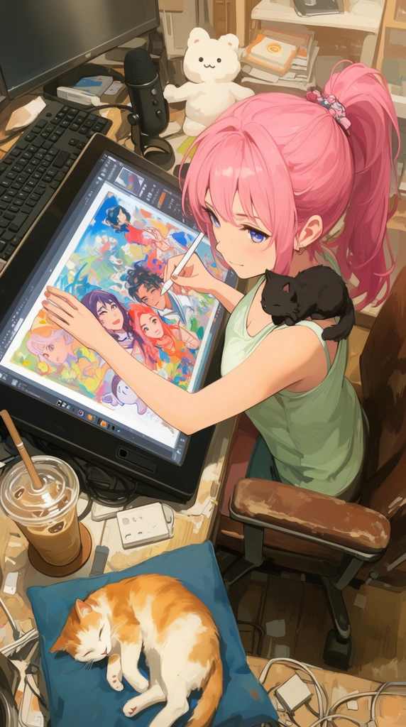 high-angle anime-style digital painting, pink-haired woman in a high ponytail drawing on a large angled display tablet, wearing a light green tank top, painting a vibrant artwork of characters with a stylus, small black cat resting on her shoulder, orange and white cat sleeping on a blue cushion nearby, cluttered desk featuring a computer keyboard, iced coffee cup with a straw, microphone, white plush toy, scattered cables, worn brown office chair, soft warm overhead lighting, highly detailed slice-of-life aesthetic