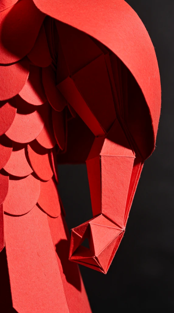 macro close-up of a vibrant red papercraft sculpture, layered semi-circular cutouts forming scale-like armor, angular folded paper constructing a rigid geometric arm, large curved red paper overhang, deep solid black background, high contrast lighting highlighting crisp paper edges, sharp cast shadows, distinct fibrous texture, handcrafted origami aesthetic, striking crimson and black color palette