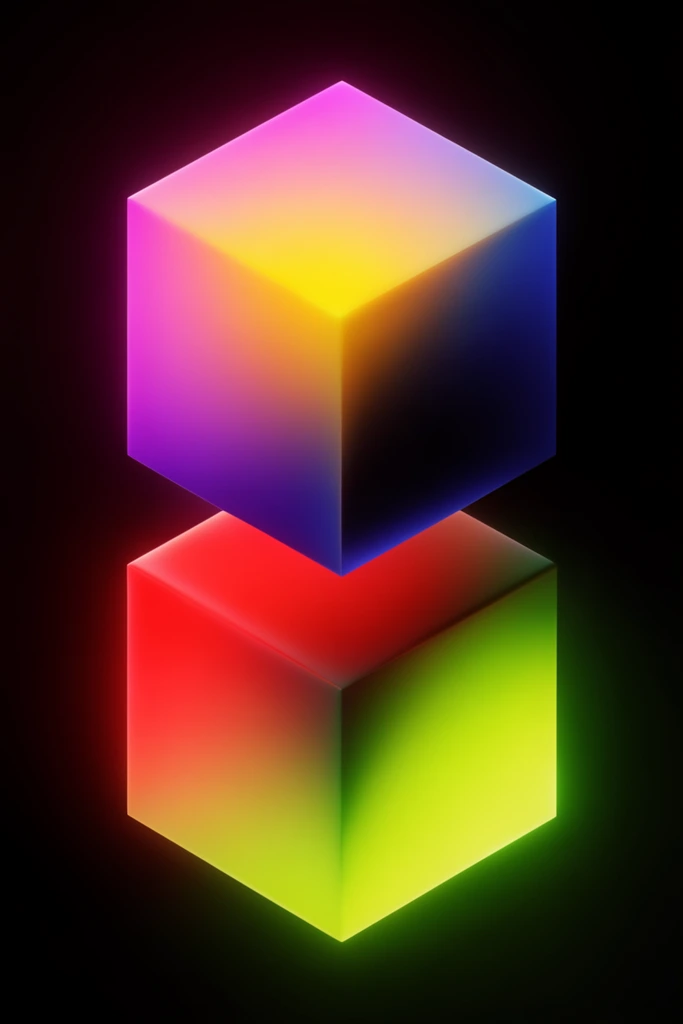 two floating 3D cubes in a pitch-black void, top cube radiating a smooth gradient of magenta to bright yellow and dark blue, bottom cube displaying a luminous gradient of crimson red to neon lime green, isometric perspective, soft glowing illumination, sharp geometric edges, minimalist abstract design, sleek 3D render