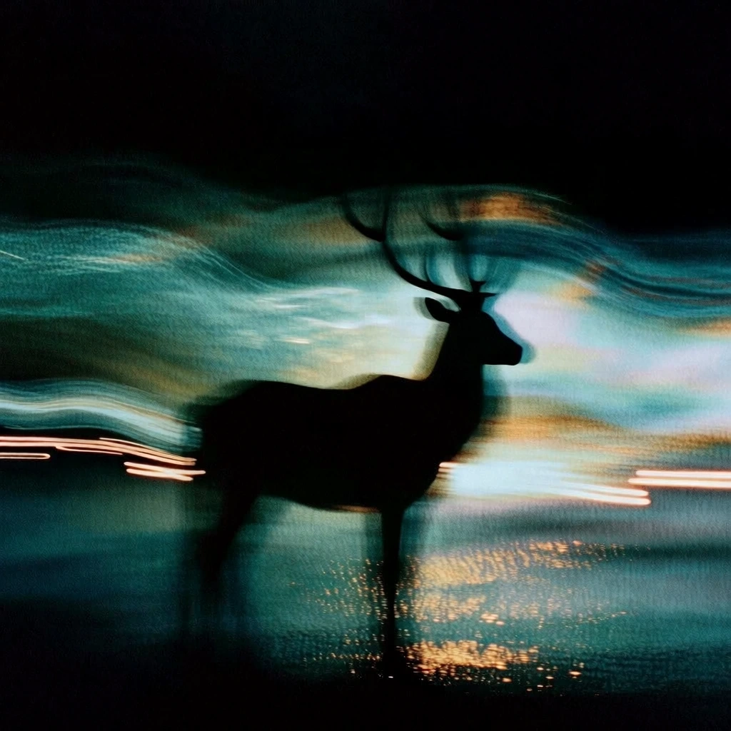 silhouette of a mythical cervine creature with majestic antlers and mammalian features, long exposure motion blur aesthetic, ethereal streaks of teal and cyan light, warm golden and orange horizontal light trails, heavy film grain, cinematic digital noise, chromatic aberration, deep black negative space above, dreamy lo-fi abstract atmosphere, blurred ground reflecting shimmering gold, centered composition, soft glowing edges, surreal dreamscape aesthetic.