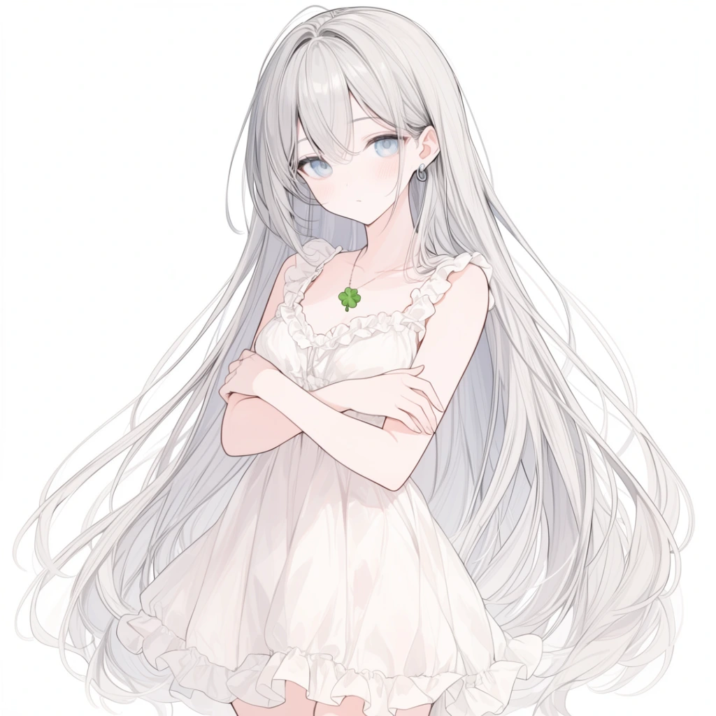 anime-style young woman with extremely long flowing silver hair and pale blue eyes, soft blush on fair skin, wearing a delicate sleeveless white dress with ruffled hem and neckline, arms gently crossed over her chest, small green four-leaf clover pendant necklace, silver hoop earring, plain white background, clean line art, soft pastel shading, diffused lighting, 2D digital illustration, ethereal aesthetic